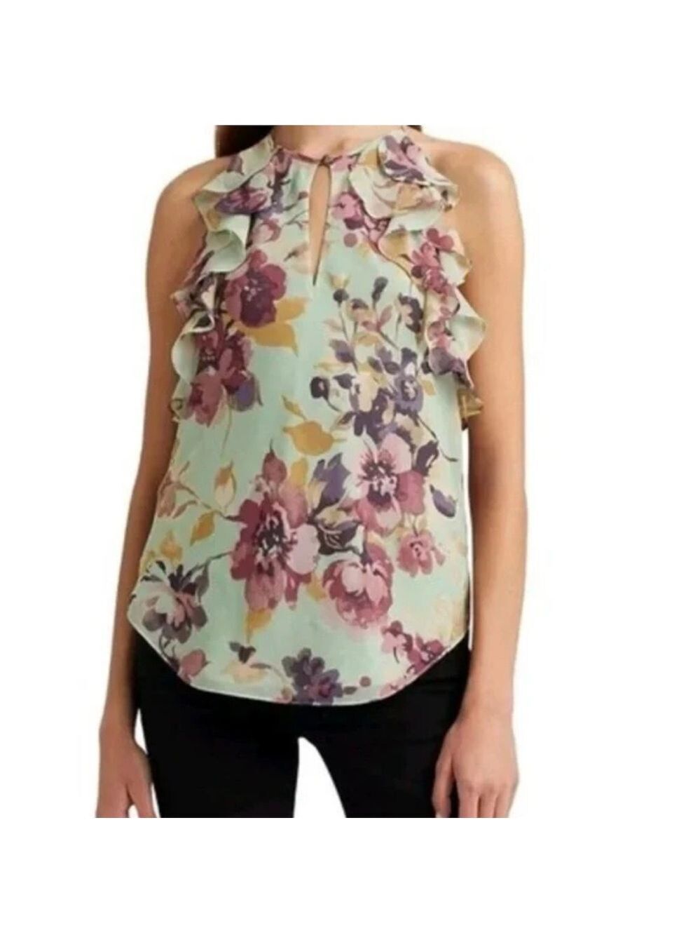 Ralph Lauren Pastel Floral Ruffle Patterned Top SZ 8